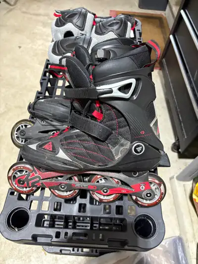Two sets of inline skates with complete protection pads $50 each The red ones are size 8 The green o...