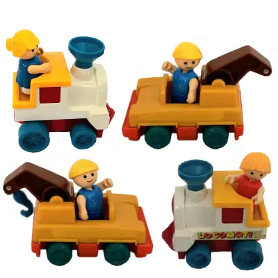 Vintage Li'l Playmates, 2 trains, 2 remorqueuses, 4 figurines. Années 80's. Les jouets sont à St-Hya...