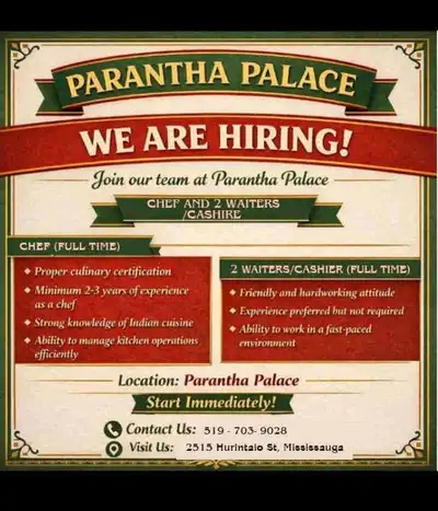 Hiring an Indian Chef and 2 Waiters/Cashiers , View more