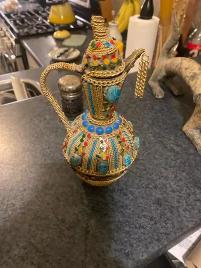 antique scarab embellished Egyptian 8” brass kettle., View more