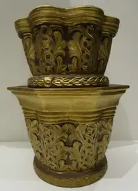 NEW, 2 CLASSICALLY STYLED GOLD CERAMIC CACHEPOTS