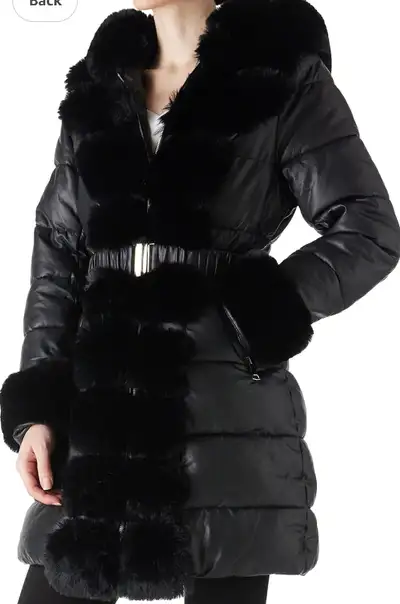 Women's Black Puffer Coat with Faux Fur Trim, View more