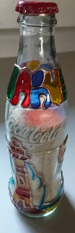 Limited Edition Stained Glass Aruba Curacao Bonaire Coca Cola Bottle with Sand - 7 1/2 inches tall
