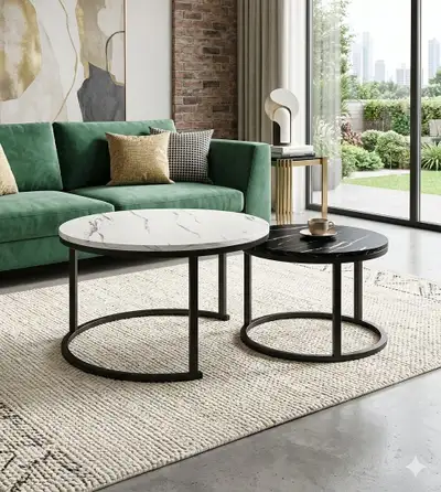 Round Nesting Coffee Tables White Black Marble Look, View more