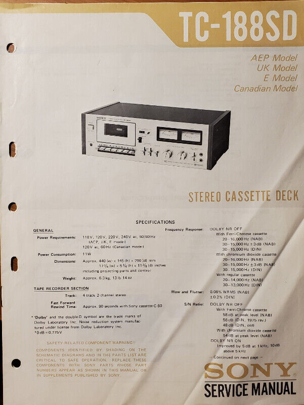Vintage! Sony TC188SD Stereo Cassette Deck Service Manual Other