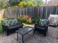  Three piece patio furniture set, including matching, free glass