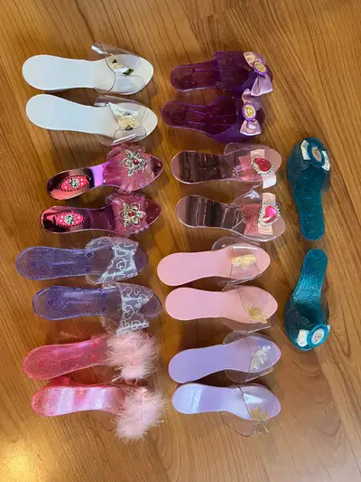 9 pairs dress up shoes Includes Frozen Elsa and Disney Rapunzel Fun for costume play Toe to heel bet...