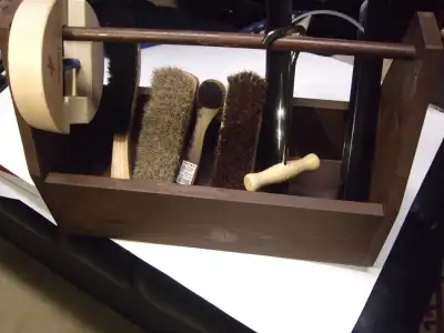 NEW BEAUTIFUL 7 PIECE SHOE AND BOOT MAINTENANCE TOOL BOX WITH 7 PIECES IN THE BOX. COMPLETE SHOE AND...