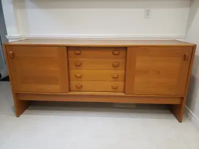 $880 - Domino Mobler Teak Credenza Sideboard – The sideboard has sliding doors on trestle ends with...