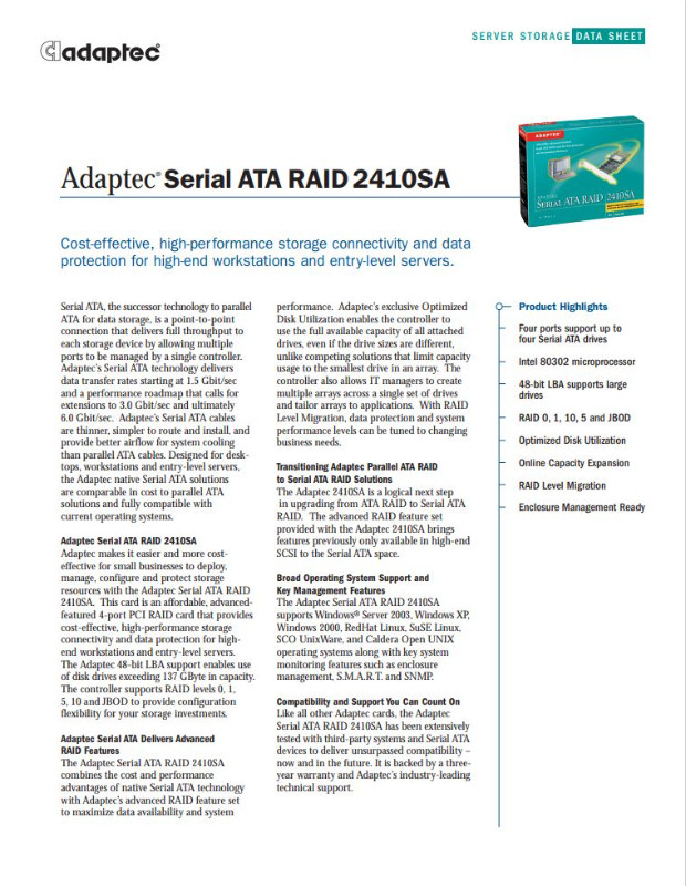 New Old Stock (sealed) Adaptec Serial ATA Raid Card – 2410SA in System Components in Muskoka - Image 4
