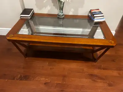 Solid Wood Coffee Table with Glass Top – Excellent Condition, View more