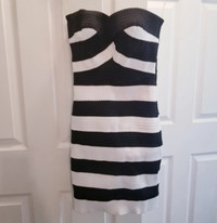 Black & White Striped Strapless Scalloped Dress, XS