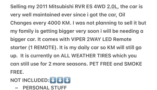 2011 Mitsubishi RVR ES 2.0L 4WD in Cars & Trucks in Edmonton