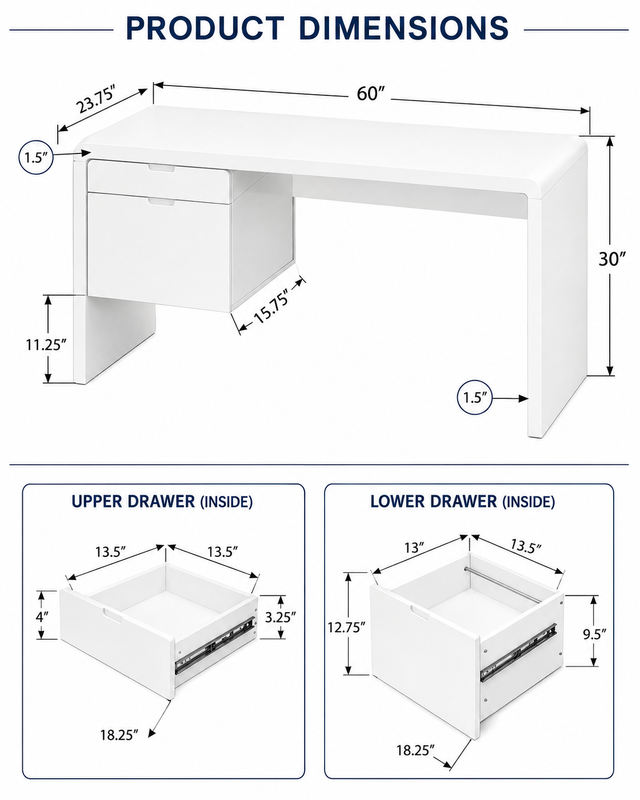 Modern White Computer Desk with 2 Drawers – 60" Home Office Writ in Desks in Ottawa - Image 4