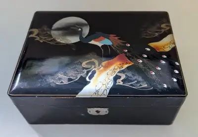 Vintage Hand Painted Jewelry Box with Asian inspired design In good used condition, a tiny bit of we...