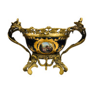 Vintage Large Porcelain Bronze Centrepiece Bowl Ornate Brass
