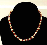 Natural Necklace Carved Shell, Bone & Glazed Terra Cotta Beads.