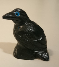 Hand Carved Black Onyx Raven Crow Bird with Blue Eyes Figurine