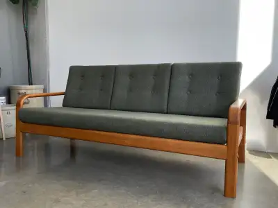 Restored Vintage Teak Framed Three Seater Sofa, View more