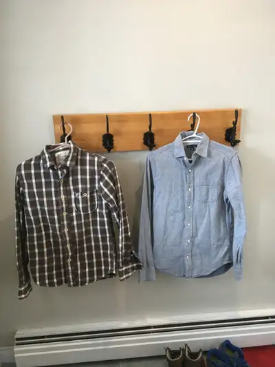 2 shirts , American Eagle outfitters brown plaid and denim blue Gap shirts in gently used condition,...