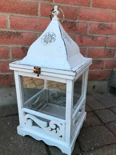 Stands 2 feet tall. Use on a table top or hang up. Shabby Chic Chippy Paint. Punched Metal Snowflake...