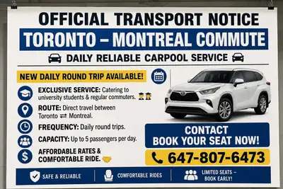Toronto to montreal and montreal to toronto  available rides, View more