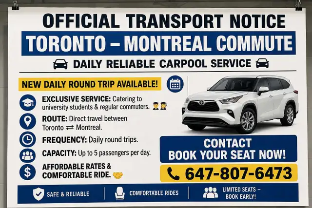 Toronto to montreal and montreal to toronto  available rides