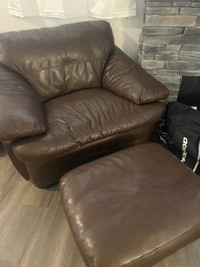 Leather Chair and Stool - Brown 
