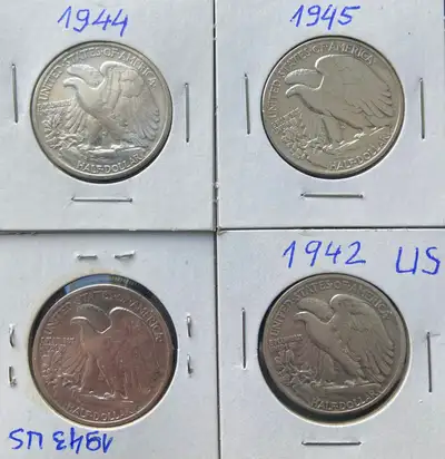 VINTAGE LOT OF 4 WWII US HALF DOLLARS %90 SILVER EXCELLENT CONDITION 1942 1943 1944 1945Consult imag...