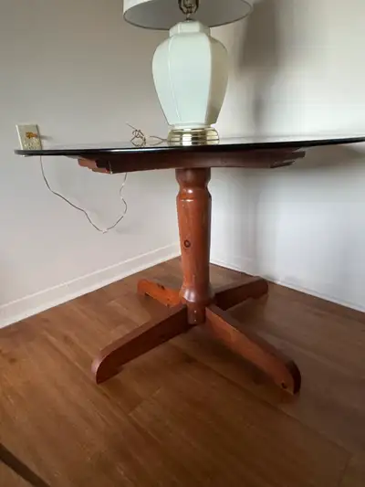 Round Smoked Glass Dining Table with Solid Wood Pedestal Base, View more