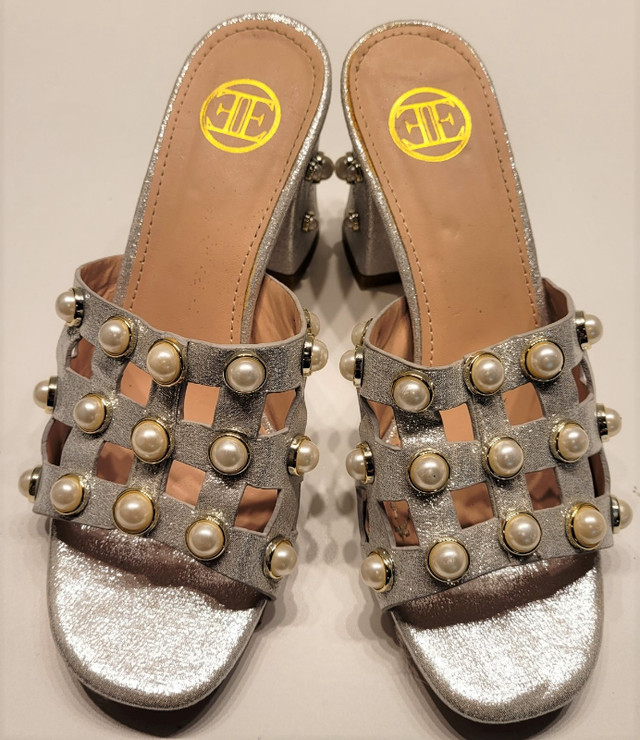 Metallic Silver, Pearl embellished, chunky heeled sandals (size in Women's - Shoes in St. Catharines - Image 2