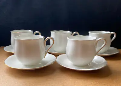 5 Elegant Hankook England Bone China Tulip Cups and Saucers, View more