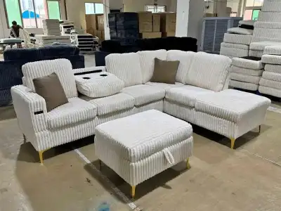 White Corduroy Sectional Sofa with Ottoman, View more