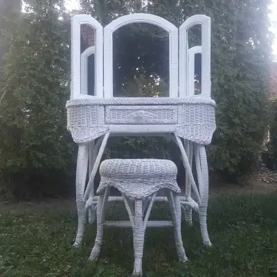 Amazing Vintage White Wicker Vanity Set. Stool. Mirror. Table. , View more