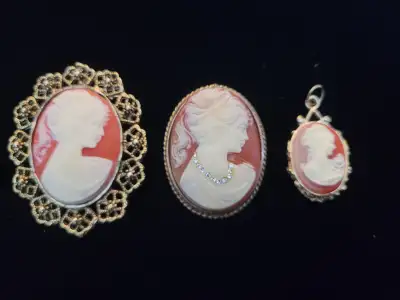 Two faux cameo brooches and one pendant. $20 each or $50 for all three.