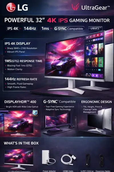 LG UltraGear 32” 4K Gaming Monitor – 144Hz IPS | G-SYNC | H, View more