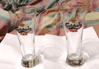 2 Carlsberg Red Pilsner Beer Glasses Gold Rim Crown Logo