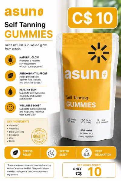 Asune Self Tanning Gummies! These gummies offer a natural glow, antioxidant support, and promote hea...