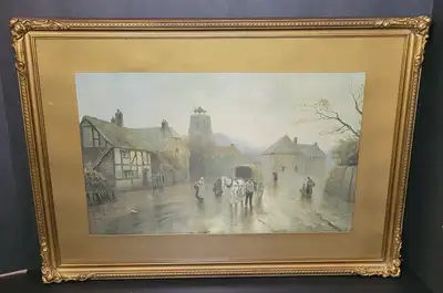Antique print of the painting titled "After The Rain" by British artist F. Arnold. Signed lower righ...