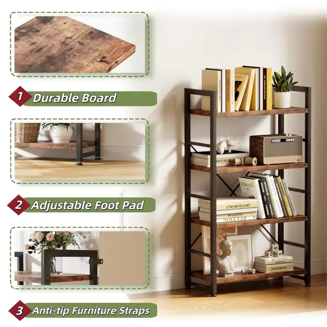 4-Tier 24inch Rustic Brown Shelving Unit Wood Bookcase with Open in Bookcases & Shelving Units in Markham / York Region - Image 9