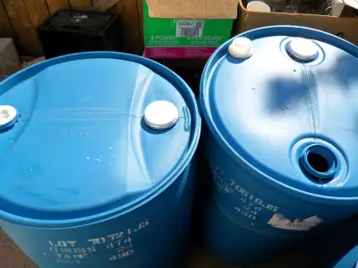 45 GALLON open top for$55 sealable with metal ring and lid 45 GALLON solid top for $25 poly garbage...