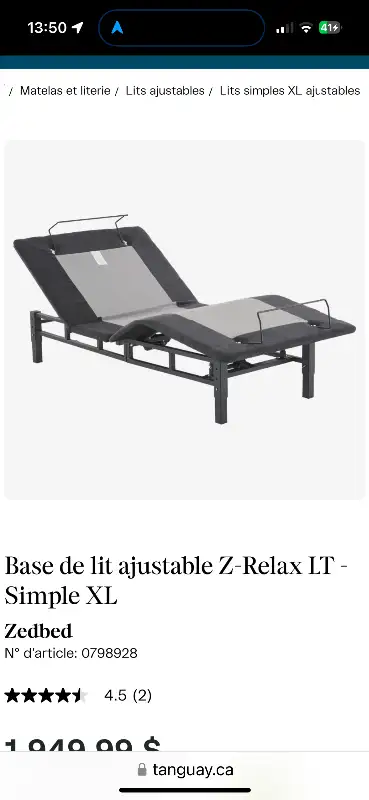 - Lit ajustable et matelas ferme simple XL - Acheté neuf il y a 7 mois (chez Tanguay pour $2400 avec...