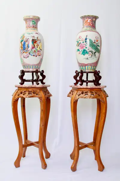Beautiful red/brown rusty toned solid wood with floral carvings and a pinky rose coloured marble top...