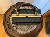 Vtg Black Quilted Patent Leather Hand Bag with Shoulder Strap