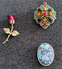 Vintage Costume Jewlery Brooches Red Rose, Oval Blue, Jeweled
