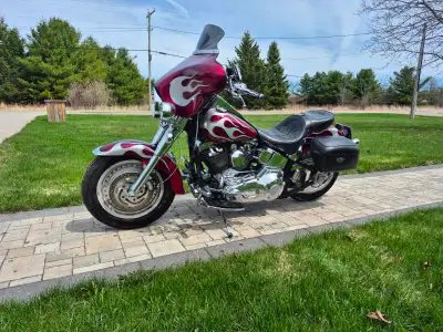 2003, Harley Davidson Fatboy, 100th Anniversary with anniversary saddlebags, custom paint job, after...