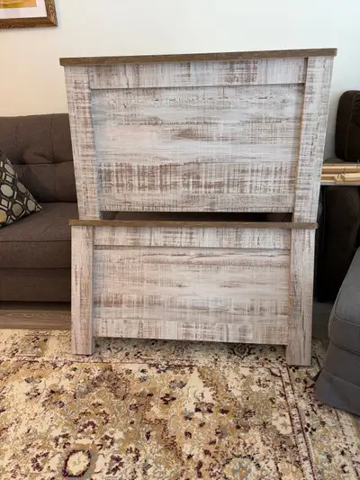 Single bed with head board, foot board and box spring., View more