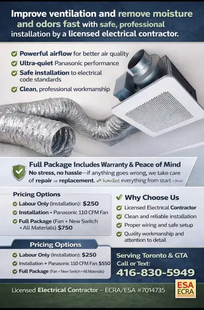 Panasonic Bathroom Exhaust Fan Installation – Starting $250, View more