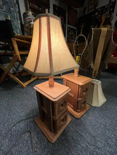 Pair of table lamps made with antique drawers from a solid oak singer treadle sewing machine cabinet...