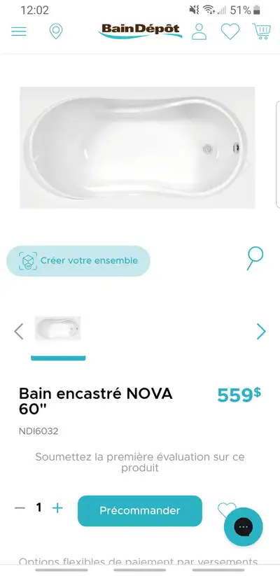 Bain neuf boite ouverte à vendre 32" x 60" encastré - modèle Nova de bain dépôt. On le vend car nous...